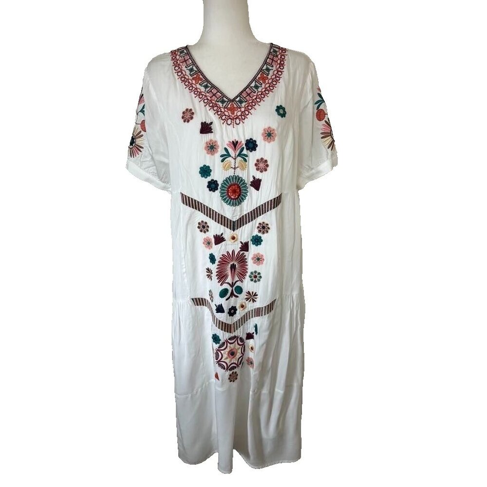 ORANGE CREEK Dress Size M/L White Boho Embroidered Midi Lined Rayon